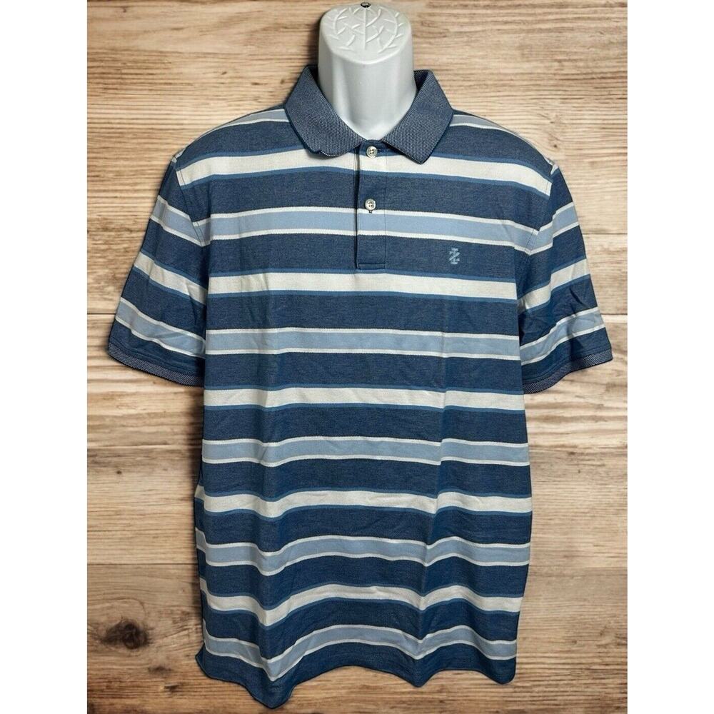 Men's IZOD Advantage Polo Shirt Sz L Blue White Striped Performance Stretch Golf